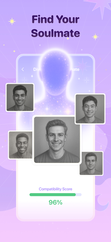 KissLife - A screen from the KissLife app titled Find Your Soulmate showing various portraits and a ninety six percent compatibility score.