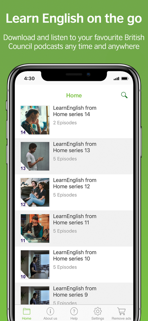LearnEnglish Podcast - The home screen of the LearnEnglish Podcast app displaying various English learning audio series.