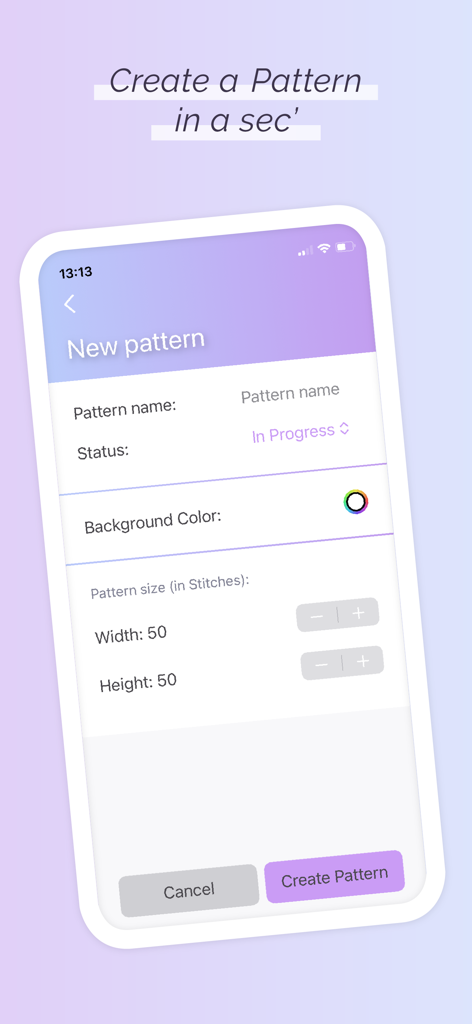 App interface for creating a new cross stitch pattern with size and background color settings