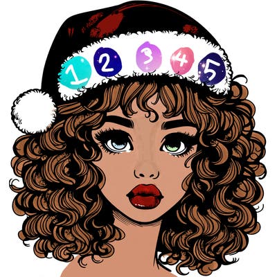 realistic girl with a santa hat curly hair and lips