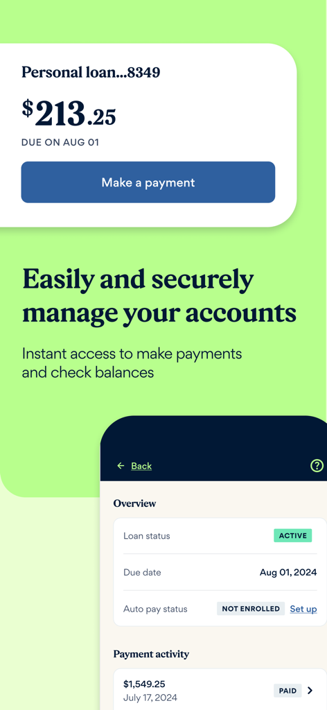 Best Egg app interface for personal loan management and bill payments