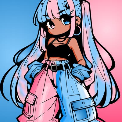 cute anime bad girl with baggy pants and crop top