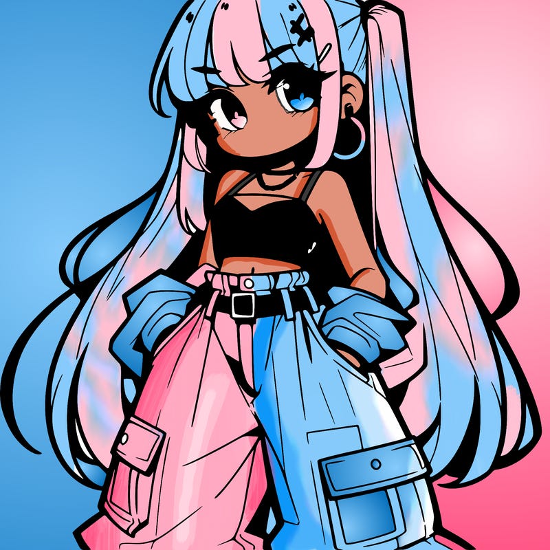 cute anime bad girl with baggy pants and crop top