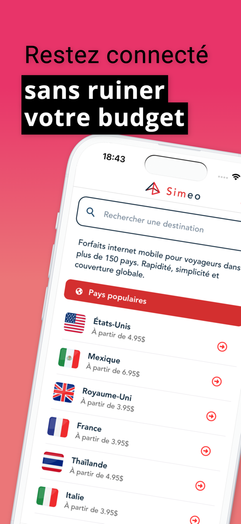 Interface de l'application Simeo montrant les forfaits de données eSIM internationaux pour les pays populaires
