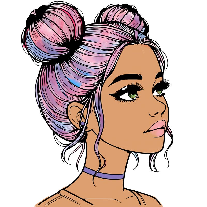 realistic girl with buns on the top of her head