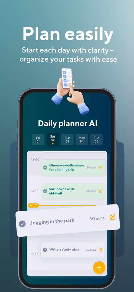 Écran de l'application de planification quotidienne IA de Splitti montrant un planificateur et un emploi du temps quotidiens pilotés par l'IA