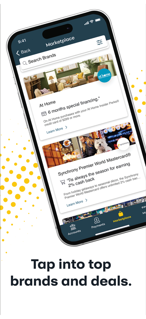 Marketplace screen of the MySynchrony app displaying promotional financing and cash back deals from retail partners