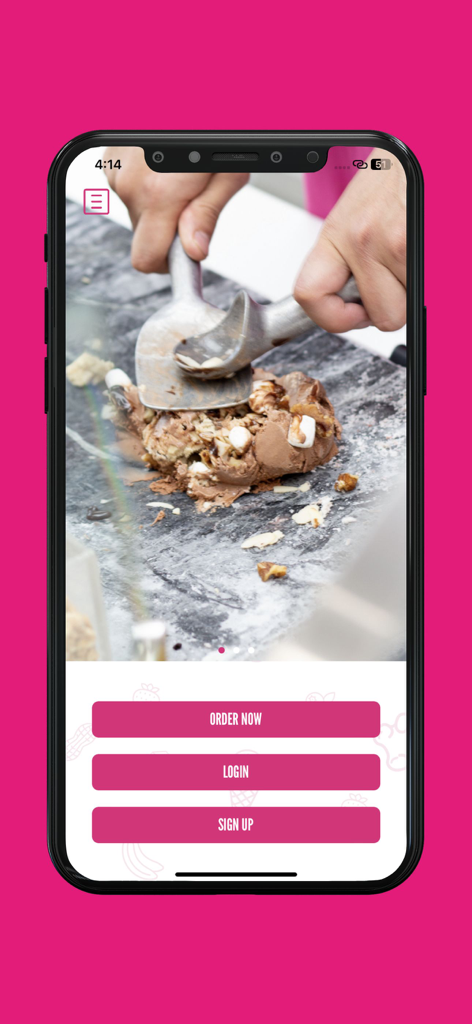 Marble Slab - Marble Slab Creamery app welcome screen featuring options to order now login and sign up with a background of ice cream being mixed