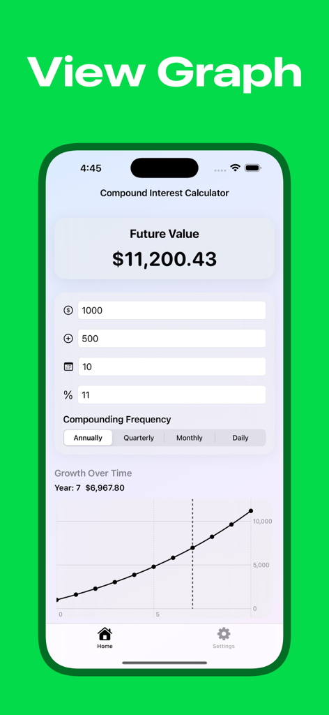 Compound Interest Calculator 6 - Interface of the Compound Interest Calculator app showing investment projections and an interactive growth chart