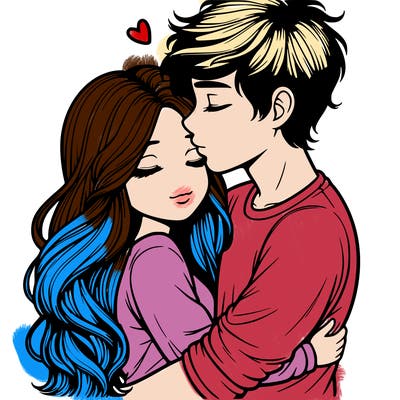 a realistic couple boy and girl hugging and kissing