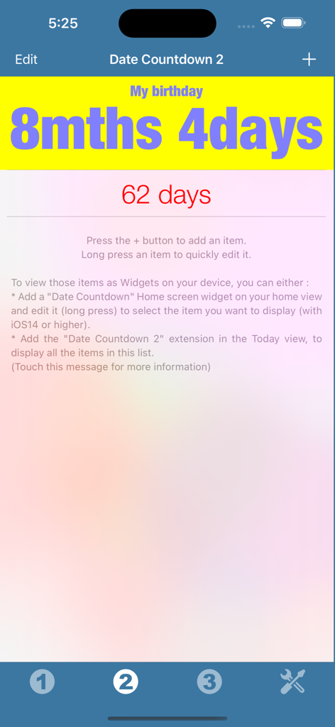 Date Countdown Widget - A screenshot of the Date Countdown Widget app interface showing a birthday countdown of 8 months and 4 days on a custom yellow background