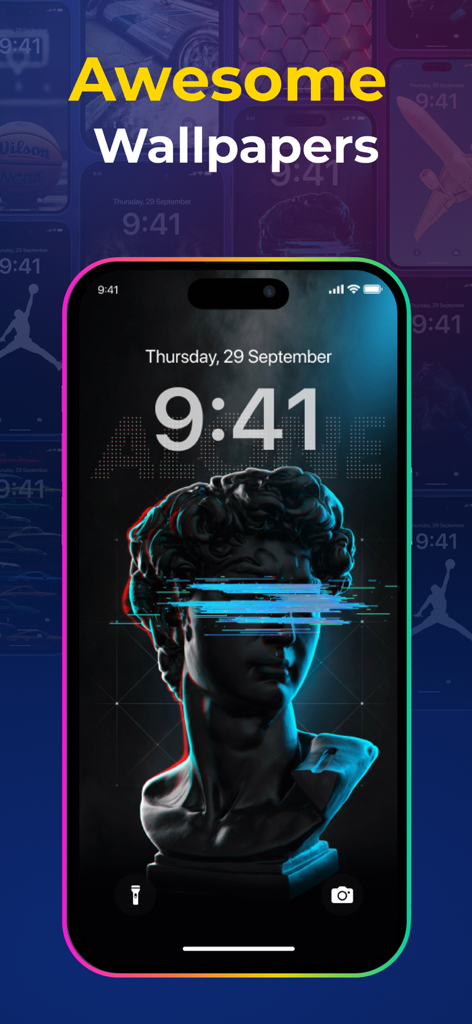 Color Widgets & Themes: Wiggle - iPhone lock screen featuring a glitchy David statue wallpaper from the Wiggle app