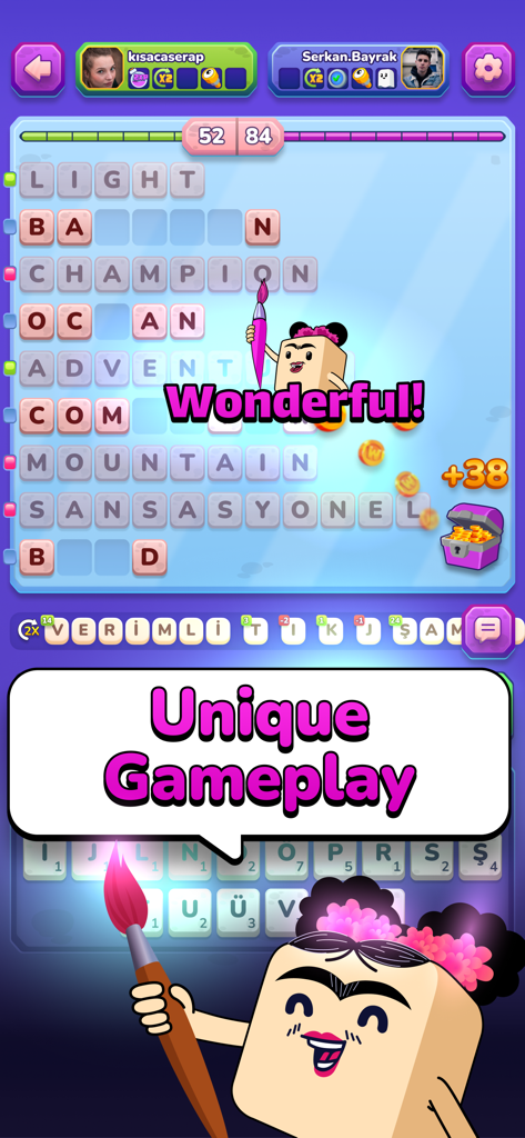 Gameplay screen of WordMe showing a word puzzle grid and scoring system