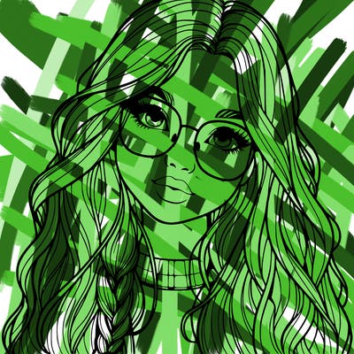 girl with long hair and freckles and glasses realistic