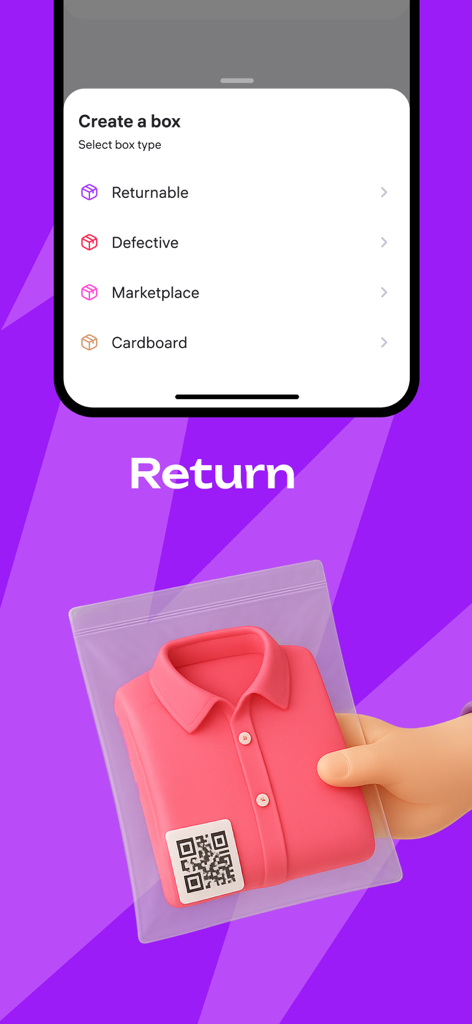 Interfaccia dell'app mobile Goods Flow per l'elaborazione dei resi di prodotti che mostra categorie di scatole e un articolo scansionato.