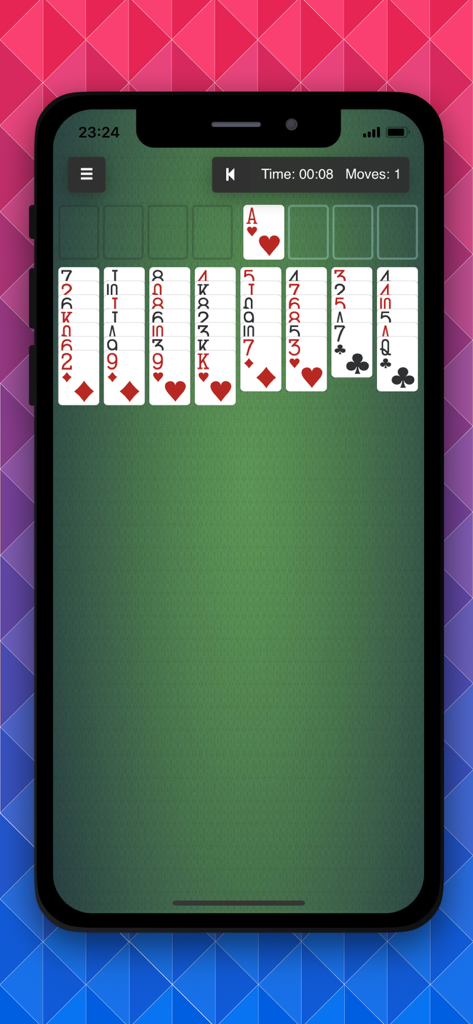 B6 Solitaire: 18 Classic Games - A mobile screenshot showing a game of FreeCell solitaire with a classic green background