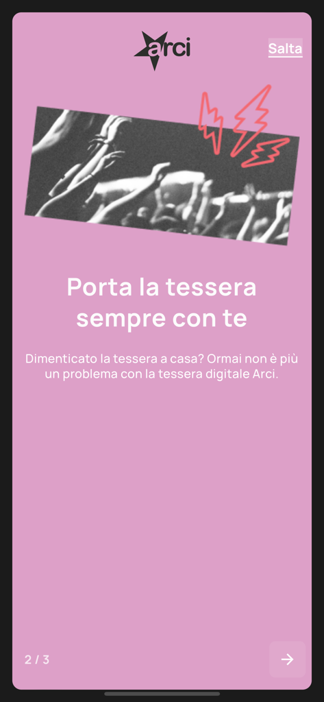 Tessera ARCI - Tessera ARCI mobile app onboarding screen featuring the digital membership card with a pink background and concert crowd imagery