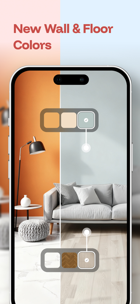 Mobile app screen showing a split view comparison of AI generated wall colors and flooring options in a modern living room