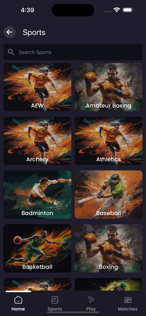 Sports selection screen in the Khel Now app displaying a grid of categories including basketball boxing and baseball with colorful illustrations