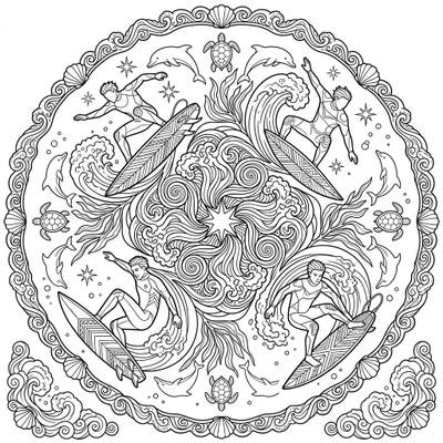 Immerse yourself in the thrilling world of ocean sports with this mesmerizing Shortboard Surfers Mandala coloring page. This intricate design brings together the excitement of surfing with the calming symmetry of a mandala, perfect for a creative escape.