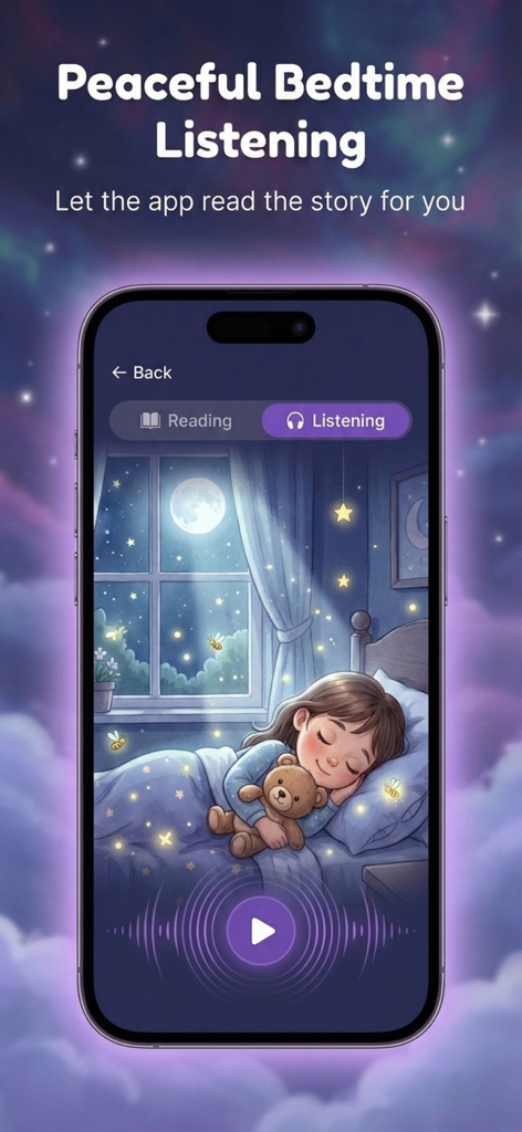 TaleHero: Bedtime Stories - TaleHeroアプリが、眠っている子供と再生中のストーリーと共に、穏やかなおやすみリスニングモードを表示している様子