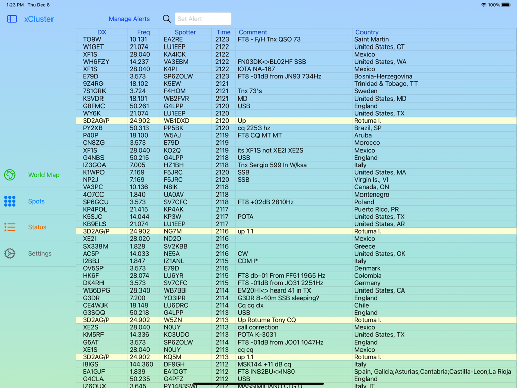 xCluster - xClusterアプリで周波数と国データを示すリアルタイムアマチュア無線DXスポットのテーブルビュー