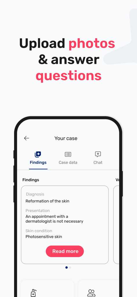 Interface of dermanostic app showing skin diagnosis findings and instructions to upload photos.