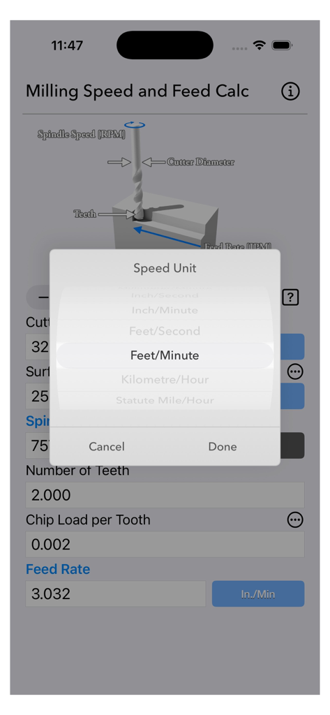 Speed unit selection menu within the Milling Speed and Feed Calc mobile application.