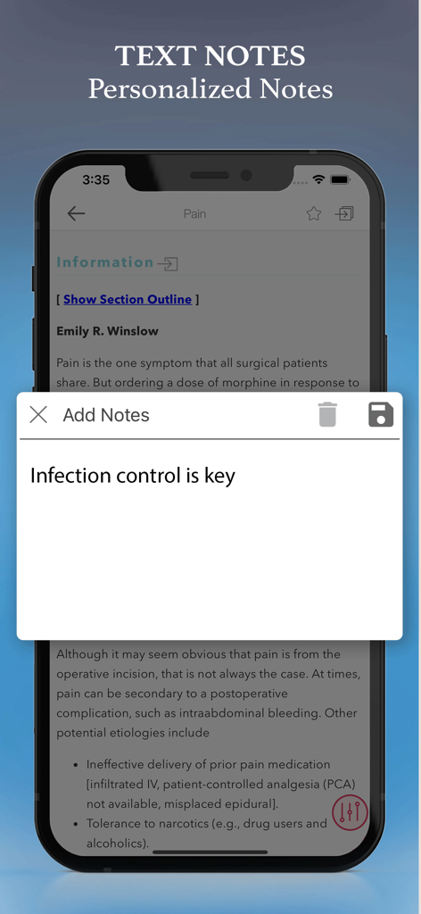 Washington Manual - Surgery - Función de notas de texto personalizadas en la aplicación Washington Manual Surgery que muestra una nota sobre control de infecciones.