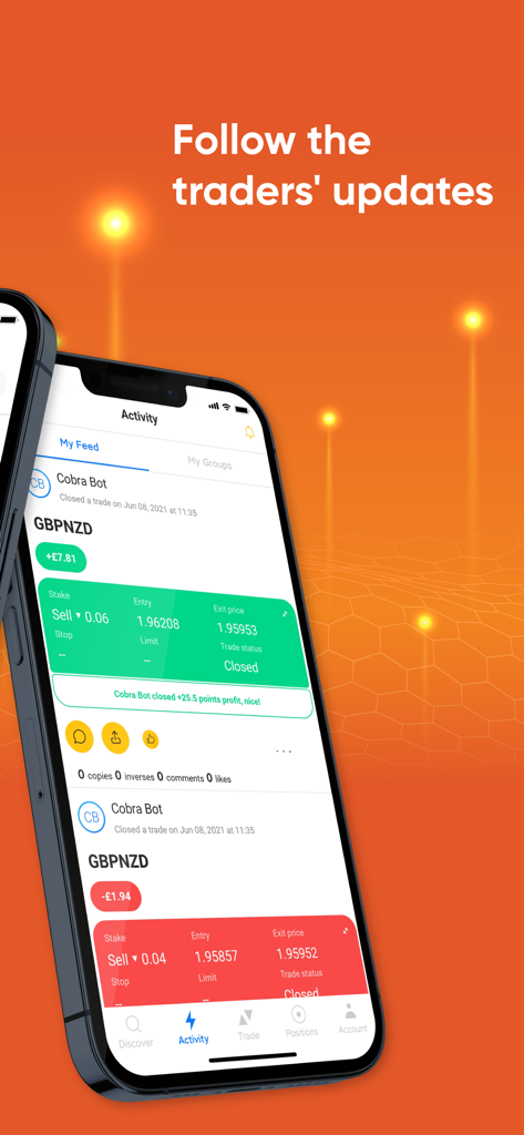 V-Social - V-Social mobile app interface showing a feed of real time trading updates and profit performance from followed traders