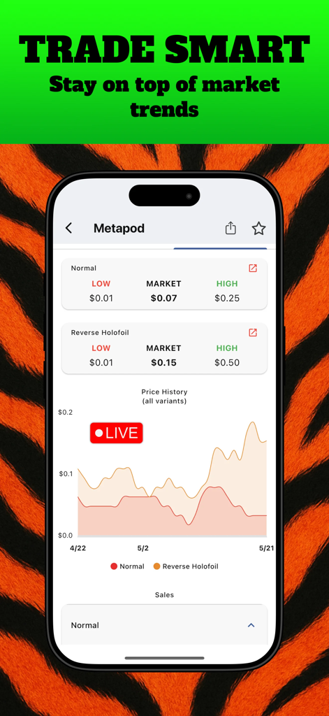 Écran de smartphone affichant les prix du marché des cartes Pokémon et les graphiques historiques des prix pour Metapod