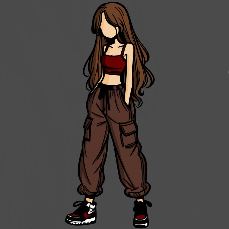 girl in baggy pants crop top and long hair