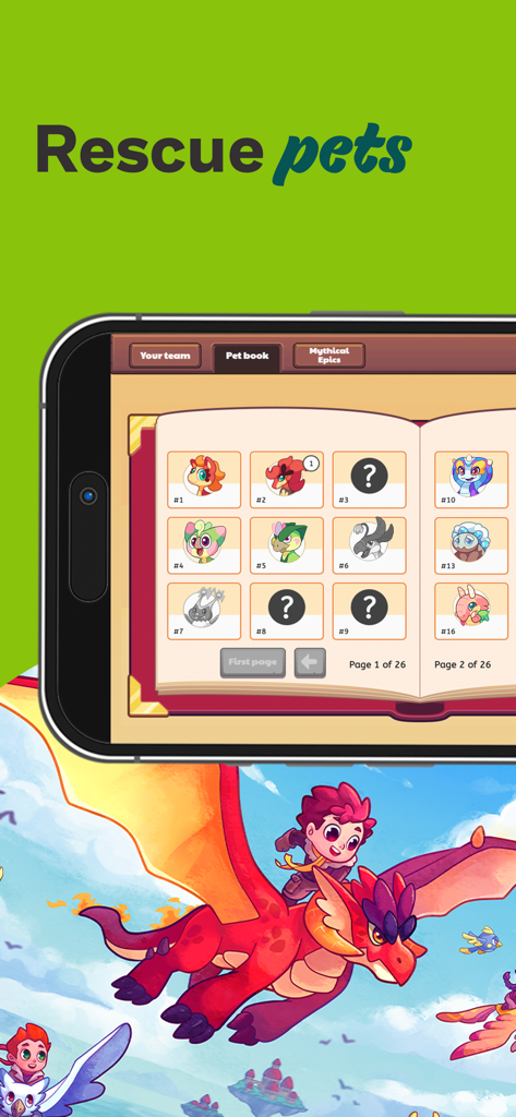 Prodigy Math Game - Prodigy Math Game app screen showing the pet collection book and a character riding a red dragon