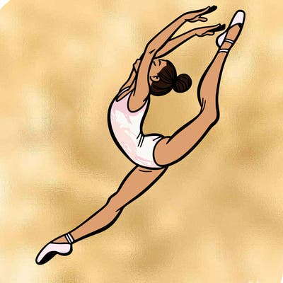gymnast doing a leap in a leotard with a bent back leg