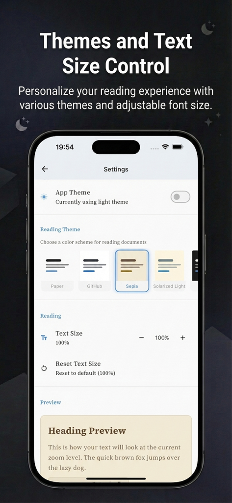 MarkFlow app settings interface showing options for reading themes like Sepia and adjustable text size customization