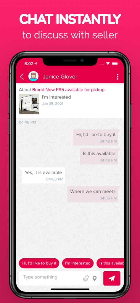 Marketplace: Buy & Sell Tradet - A screenshot of the Tradet Marketplace app showing an in-app chat between a buyer and seller regarding a PS5 listing