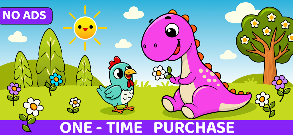 Dinosaur Games For Kids 2-7 - Pink dinosaur and blue bird in a cartoon landscape highlighting no ads and one-time purchase features