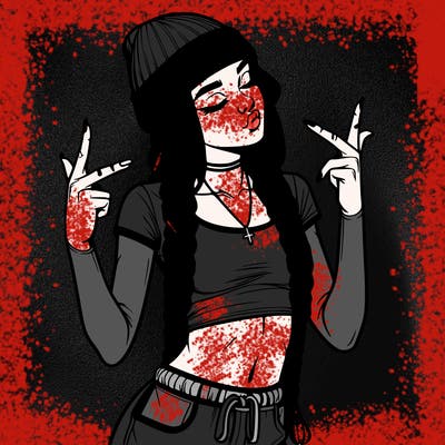 realistic teenage girl with braids and a beanie and crop top doing 🫶🏼