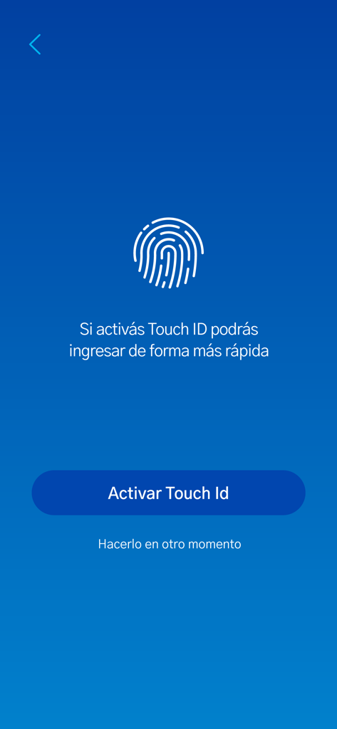 Screen of the TuID movil app prompting the user to activate Touch ID for faster biometric authentication.