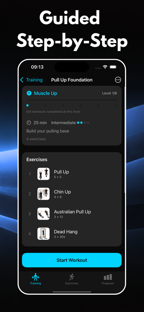 Calisthenics: CaliFit - CaliFit app screenshot displaying a guided pull up foundation workout with a list of exercises and a start button