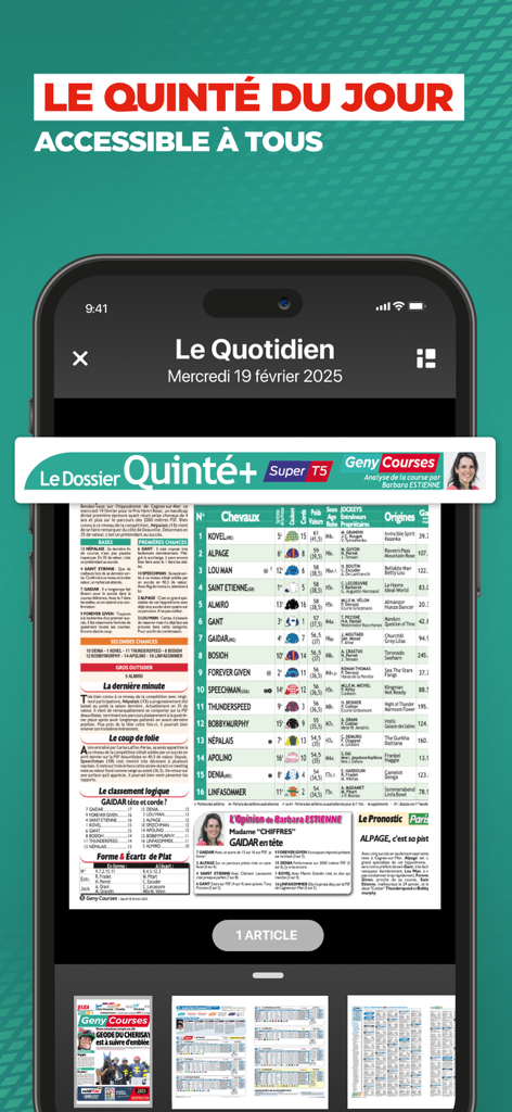 Geny Courses: pronostic quinté - Geny Courses 모바일 앱 인터페이스에 Quinte 예측 및 전문가 통계가 포함된 디지털 일일 경마 저널 표시