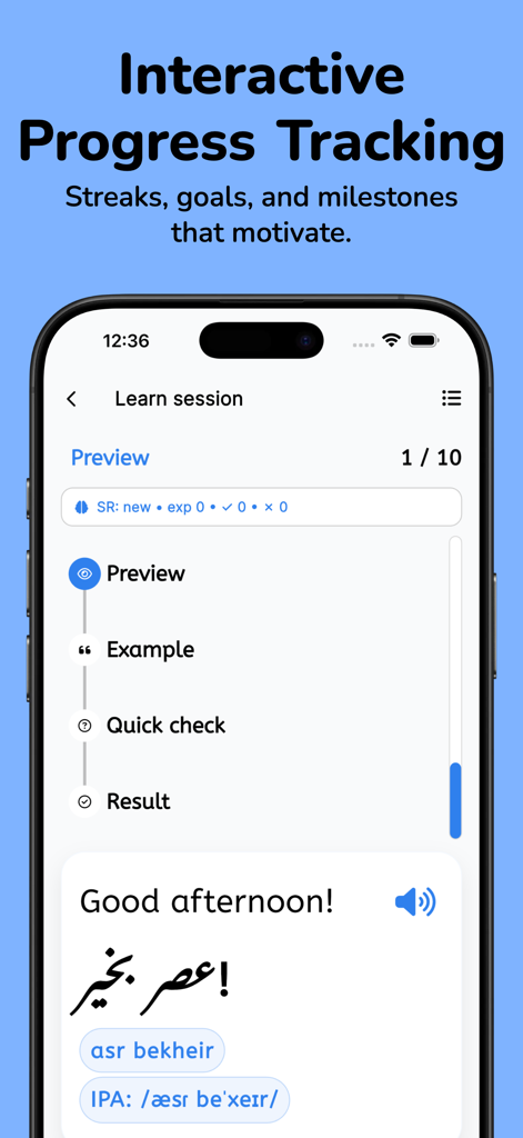 Uma tela de celular mostrando uma lição interativa de persa com tradução em inglês, escrita farsi e pronúncia fonética para a frase Boa tarde.