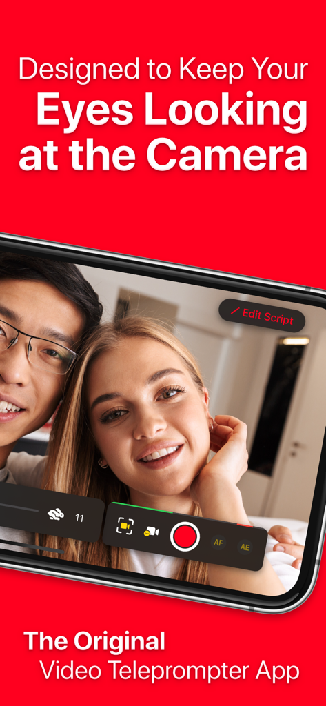 Two people recording a video while maintaining eye contact using the Video Teleprompter app interface