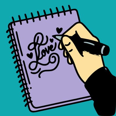 a hand writing “love” in calligraphy on a notebook