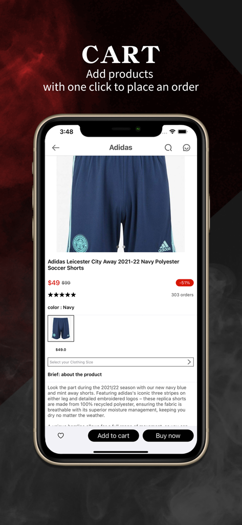 Interface do aplicativo móvel Jersey Online mostrando uma página de produto para shorts de futebol do Leicester City com preço e botões de checkout