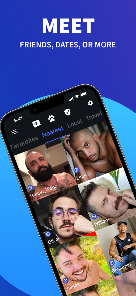 Wapo gay dating app interface showing a grid of local men profiles to meet friends or dates