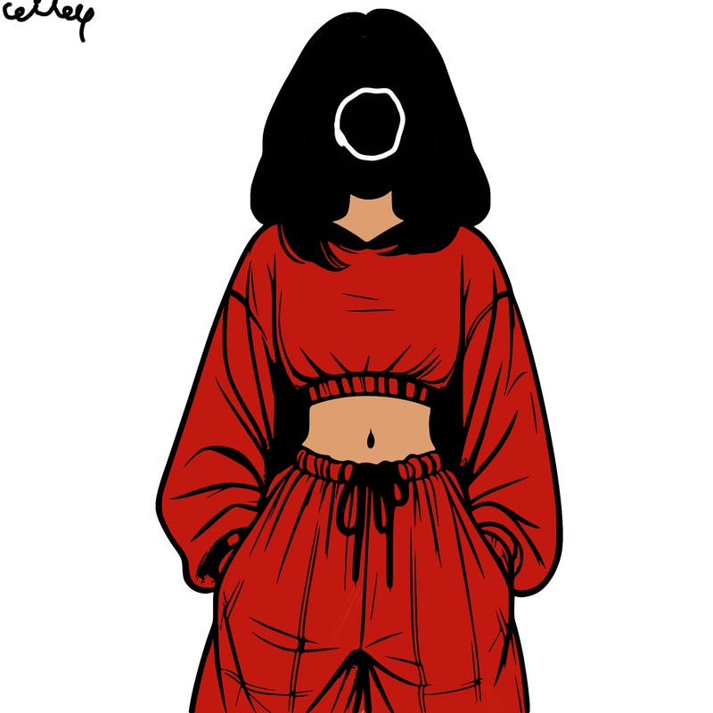 realistic girl faceless with baggy pants and a crop top