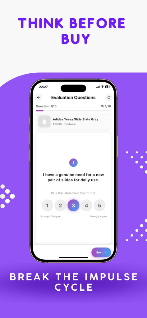 Why Buy: Stop Impulse Buying - 購入の評価質問を表示するWhy Buyアプリのインターフェース。衝動買いを防ぐために分析します。