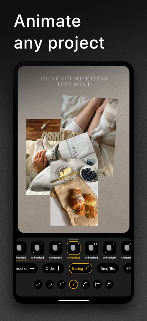 Graphionica: Story Maker - Oberfläche der Graphionica-App, die Animationstools und Einstellungen für eine Lifestyle-Fotocollage zeigt.