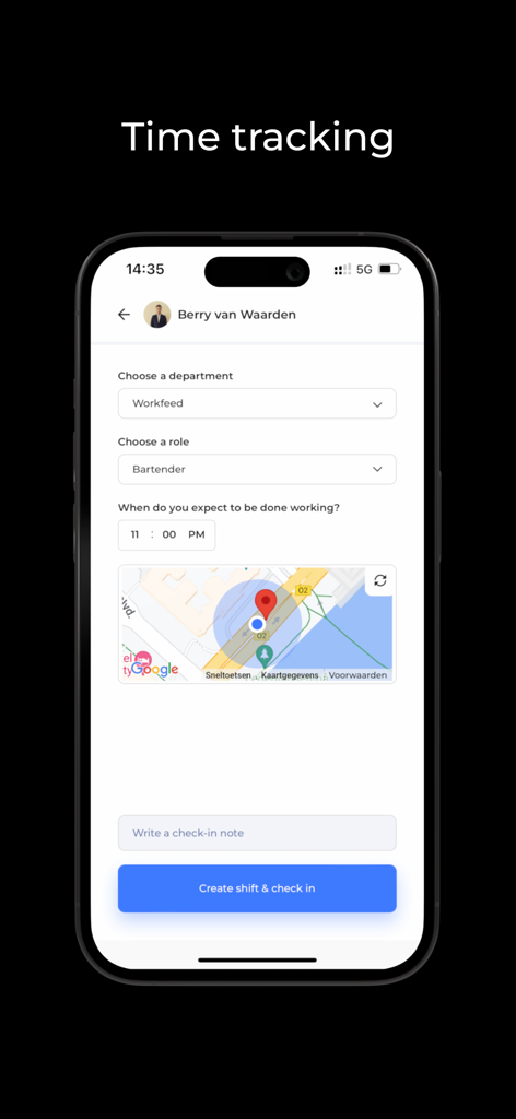 Workfeed - Work Scheduling App - Workfeed mobile app time tracking screen showing GPS check-in and shift selection interface